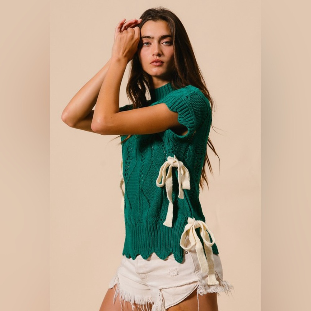 Green side tie ribbon cable scalloped boho bohemian mock neck knit sweat… - Picture 3 of 8